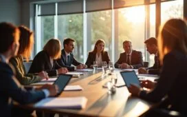 Ein hell erleuchteter, moderner Konferenzraum mit gut gelaunten Personen in angeregter Diskussion, die konzentriert Dokumente und Tablets prüfen, während sanftes Tageslicht durch große Fenster fällt und eine warme, kooperative Atmosphäre der politischen Entscheidungsfindung und Zukunftsgestaltung ausstrahlt.