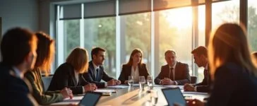 Ein hell erleuchteter, moderner Konferenzraum mit gut gelaunten Personen in angeregter Diskussion, die konzentriert Dokumente und Tablets prüfen, während sanftes Tageslicht durch große Fenster fällt und eine warme, kooperative Atmosphäre der politischen Entscheidungsfindung und Zukunftsgestaltung ausstrahlt.