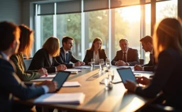 Ein hell erleuchteter, moderner Konferenzraum mit gut gelaunten Personen in angeregter Diskussion, die konzentriert Dokumente und Tablets prüfen, während sanftes Tageslicht durch große Fenster fällt und eine warme, kooperative Atmosphäre der politischen Entscheidungsfindung und Zukunftsgestaltung ausstrahlt.