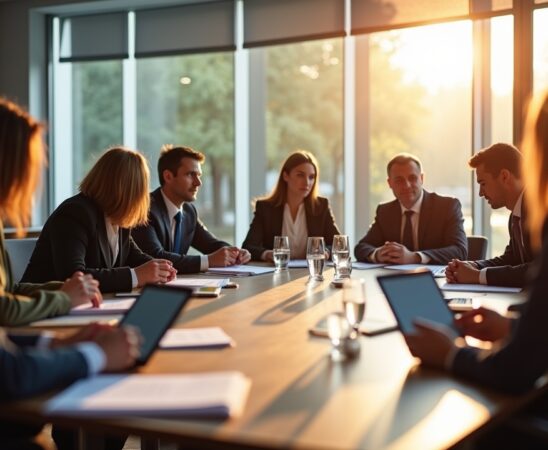 Ein hell erleuchteter, moderner Konferenzraum mit gut gelaunten Personen in angeregter Diskussion, die konzentriert Dokumente und Tablets prüfen, während sanftes Tageslicht durch große Fenster fällt und eine warme, kooperative Atmosphäre der politischen Entscheidungsfindung und Zukunftsgestaltung ausstrahlt.