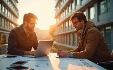Ein strahlendes, editorial inspirierendes Bild zeigt eine moderne urbane Szene in München bei hellem Tageslicht, mit einem zukunftsweisenden Rechenzentrumsgebäude im Hintergrund, vor dem engagierte Fachleute in lockerer, professioneller Atmosphäre an digitalen Geräten und Skizzen arbeiten, während warme Sonnenstrahlen das Geschehen sanft durchfluten und so Innovation, Vernetzung und den Aufbruch in eine nachhaltige KI-Zukunft lebendig vermitteln.