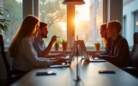 Helle, einladende Aufnahme in einem modernen Büro mit konzentrierten Fachleuten unterschiedlicher Herkunft, die vertrauensvoll an digitalen Geräten arbeiten, während durch große Fenster warmes Tageslicht fällt und die Atmosphäre von Zuversicht und moderner Vernetzung prägt.