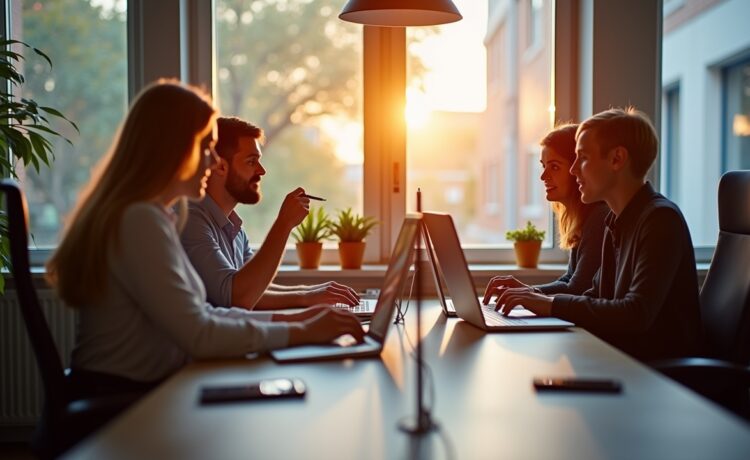Helle, einladende Aufnahme in einem modernen Büro mit konzentrierten Fachleuten unterschiedlicher Herkunft, die vertrauensvoll an digitalen Geräten arbeiten, während durch große Fenster warmes Tageslicht fällt und die Atmosphäre von Zuversicht und moderner Vernetzung prägt.