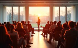 Ein hell erleuchteter, moderner Konferenzraum, in dem eine diverse Gruppe engagierter Fachleute in lebhafter Diskussion vertieft ist – das warme Tageslicht fällt sanft durch große Fenster und unterstreicht den optimistischen, zugleich nachdenklichen Geist einer technologischen Debatte über die Chancen und Risiken von künstlicher Allgemeinintelligenz.