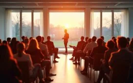 Ein hell erleuchteter, moderner Konferenzraum, in dem eine diverse Gruppe engagierter Fachleute in lebhafter Diskussion vertieft ist – das warme Tageslicht fällt sanft durch große Fenster und unterstreicht den optimistischen, zugleich nachdenklichen Geist einer technologischen Debatte über die Chancen und Risiken von künstlicher Allgemeinintelligenz.