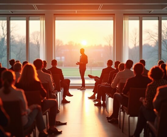 Ein hell erleuchteter, moderner Konferenzraum, in dem eine diverse Gruppe engagierter Fachleute in lebhafter Diskussion vertieft ist – das warme Tageslicht fällt sanft durch große Fenster und unterstreicht den optimistischen, zugleich nachdenklichen Geist einer technologischen Debatte über die Chancen und Risiken von künstlicher Allgemeinintelligenz.