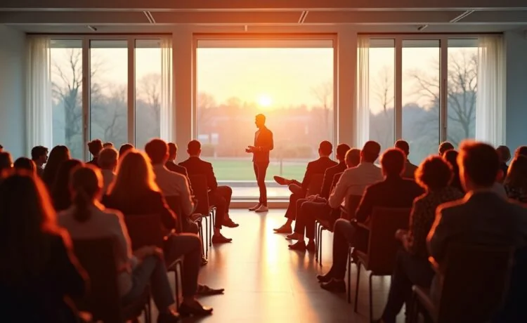Ein hell erleuchteter, moderner Konferenzraum, in dem eine diverse Gruppe engagierter Fachleute in lebhafter Diskussion vertieft ist – das warme Tageslicht fällt sanft durch große Fenster und unterstreicht den optimistischen, zugleich nachdenklichen Geist einer technologischen Debatte über die Chancen und Risiken von künstlicher Allgemeinintelligenz.