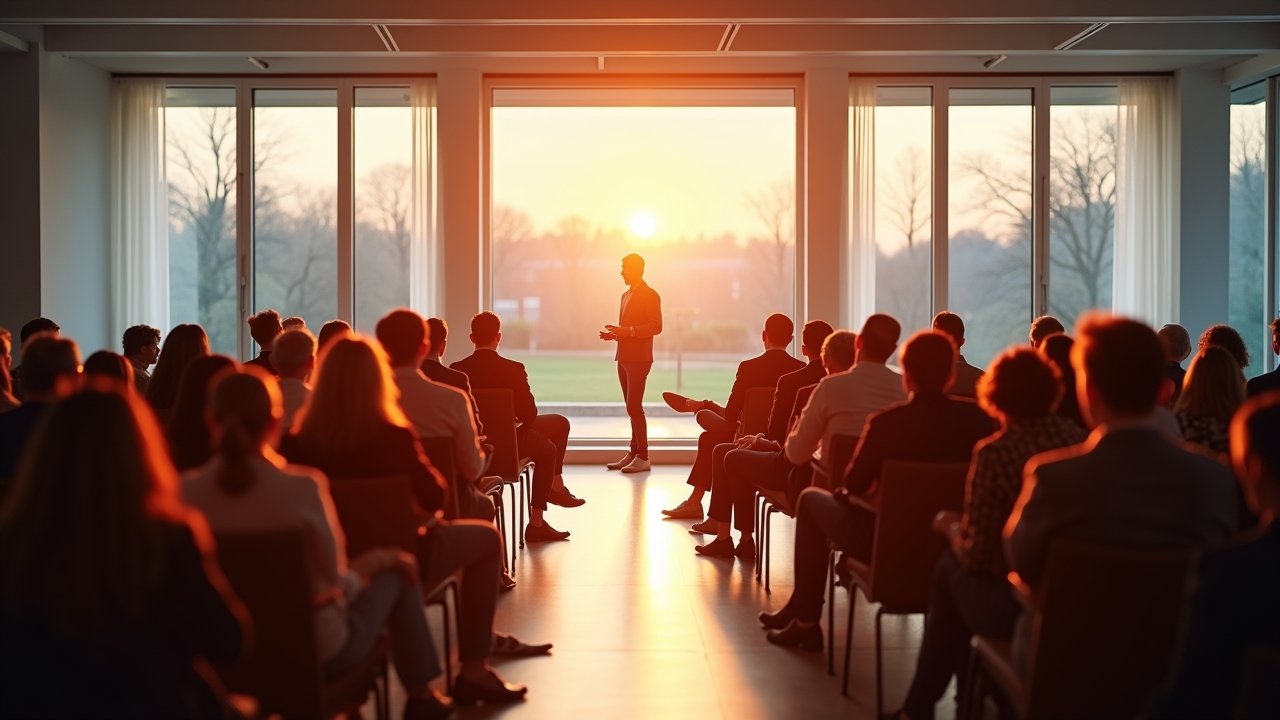 Ein hell erleuchteter, moderner Konferenzraum, in dem eine diverse Gruppe engagierter Fachleute in lebhafter Diskussion vertieft ist – das warme Tageslicht fällt sanft durch große Fenster und unterstreicht den optimistischen, zugleich nachdenklichen Geist einer technologischen Debatte über die Chancen und Risiken von künstlicher Allgemeinintelligenz.