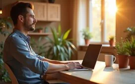 Ein sonnendurchfluteter, moderner Arbeitsplatz mit einem entspannten Menschen, der aufmerksam auf einen Laptopbildschirm blickt, umgeben von warmen Holztönen und grünen Pflanzen, während im Hintergrund eine helle, freundliche Wohnungseinrichtung die Atmosphäre von digitaler Sicherheit und reflektierter Achtsamkeit vermittelt.