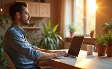 Ein sonnendurchfluteter, moderner Arbeitsplatz mit einem entspannten Menschen, der aufmerksam auf einen Laptopbildschirm blickt, umgeben von warmen Holztönen und grünen Pflanzen, während im Hintergrund eine helle, freundliche Wohnungseinrichtung die Atmosphäre von digitaler Sicherheit und reflektierter Achtsamkeit vermittelt.
