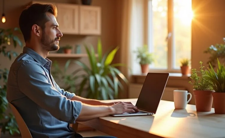 Ein sonnendurchfluteter, moderner Arbeitsplatz mit einem entspannten Menschen, der aufmerksam auf einen Laptopbildschirm blickt, umgeben von warmen Holztönen und grünen Pflanzen, während im Hintergrund eine helle, freundliche Wohnungseinrichtung die Atmosphäre von digitaler Sicherheit und reflektierter Achtsamkeit vermittelt.