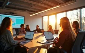 Ein hell erleuchteter, moderner Konferenzraum mit einem Team vielfältiger Entwickler:innen und Führungskräften, die konzentriert und offen an Laptops und digitalen Whiteboards zusammenarbeiten, um innovative KI-Agenten zu gestalten, eingefangen in warmem Tageslicht und mit natürlicher, freundlicher Atmosphäre, die Inspiration und zukunftsweisende Zusammenarbeit ausstrahlt.