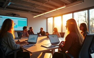 Ein hell erleuchteter, moderner Konferenzraum mit einem Team vielfältiger Entwickler:innen und Führungskräften, die konzentriert und offen an Laptops und digitalen Whiteboards zusammenarbeiten, um innovative KI-Agenten zu gestalten, eingefangen in warmem Tageslicht und mit natürlicher, freundlicher Atmosphäre, die Inspiration und zukunftsweisende Zusammenarbeit ausstrahlt.