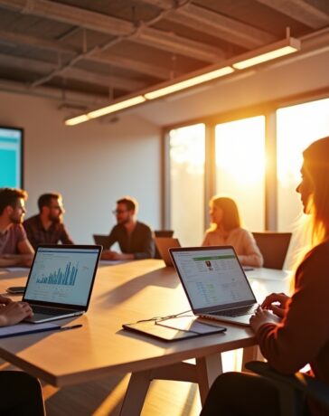 Ein hell erleuchteter, moderner Konferenzraum mit einem Team vielfältiger Entwickler:innen und Führungskräften, die konzentriert und offen an Laptops und digitalen Whiteboards zusammenarbeiten, um innovative KI-Agenten zu gestalten, eingefangen in warmem Tageslicht und mit natürlicher, freundlicher Atmosphäre, die Inspiration und zukunftsweisende Zusammenarbeit ausstrahlt.