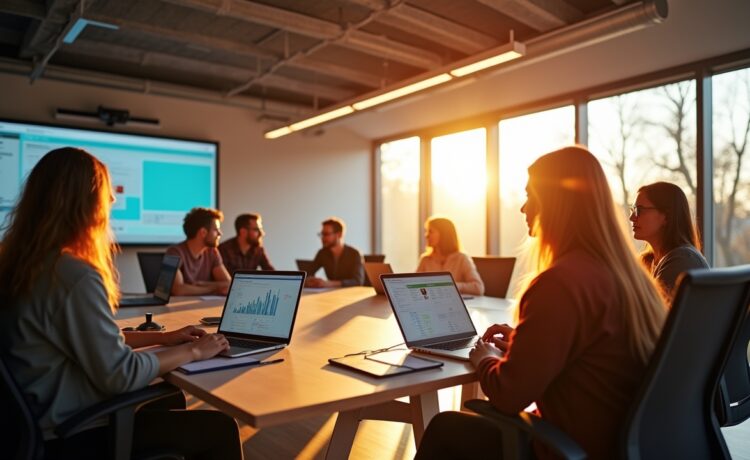 Ein hell erleuchteter, moderner Konferenzraum mit einem Team vielfältiger Entwickler:innen und Führungskräften, die konzentriert und offen an Laptops und digitalen Whiteboards zusammenarbeiten, um innovative KI-Agenten zu gestalten, eingefangen in warmem Tageslicht und mit natürlicher, freundlicher Atmosphäre, die Inspiration und zukunftsweisende Zusammenarbeit ausstrahlt.