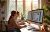 Ein modernes, sonnendurchflutetes Kreativstudio mit entspannt arbeitenden Designer:innen, die an Bildschirmen mit raffinierter KI-Bildsoftware interagieren, umgeben von Skizzen und inspirierenden Moodboards – ein lebendiger Moment digitaler Innovation und menschlicher Kreativität in harmonischer Balance.