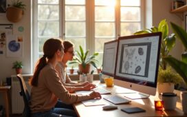 Ein modernes, sonnendurchflutetes Kreativstudio mit entspannt arbeitenden Designer:innen, die an Bildschirmen mit raffinierter KI-Bildsoftware interagieren, umgeben von Skizzen und inspirierenden Moodboards – ein lebendiger Moment digitaler Innovation und menschlicher Kreativität in harmonischer Balance.