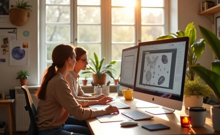 Ein modernes, sonnendurchflutetes Kreativstudio mit entspannt arbeitenden Designer:innen, die an Bildschirmen mit raffinierter KI-Bildsoftware interagieren, umgeben von Skizzen und inspirierenden Moodboards – ein lebendiger Moment digitaler Innovation und menschlicher Kreativität in harmonischer Balance.