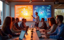 Ein warm beleuchtetes, modernes Büro mit kreativen Köpfen in angeregter Diskussion vor großen Bildschirmen, die dynamisch bunte Werbekampagnen und KI-Datenvisualisierungen zeigen, während sanftes Tageslicht durch die Fenster fällt und die belebende Energie zwischen Mensch und Technologie spürbar macht.