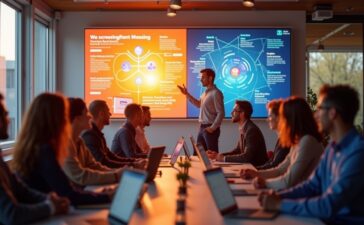 Ein warm beleuchtetes, modernes Büro mit kreativen Köpfen in angeregter Diskussion vor großen Bildschirmen, die dynamisch bunte Werbekampagnen und KI-Datenvisualisierungen zeigen, während sanftes Tageslicht durch die Fenster fällt und die belebende Energie zwischen Mensch und Technologie spürbar macht.