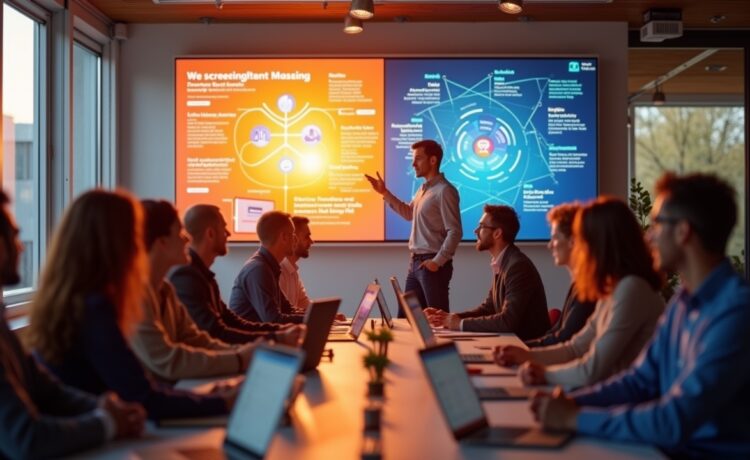 Ein warm beleuchtetes, modernes Büro mit kreativen Köpfen in angeregter Diskussion vor großen Bildschirmen, die dynamisch bunte Werbekampagnen und KI-Datenvisualisierungen zeigen, während sanftes Tageslicht durch die Fenster fällt und die belebende Energie zwischen Mensch und Technologie spürbar macht.