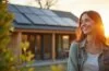Ein modernes Heimbüro bei Tageslicht mit eleganter Solaranlage und stilvollem LFP-Batteriespeicher im Vordergrund, in dem eine entspannte Person mit warmem Lächeln energieeffizient und zukunftsorientiert die Fortschritte der Akkutechnologie erlebt.