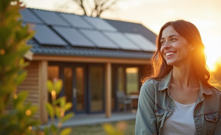 Ein modernes Heimbüro bei Tageslicht mit eleganter Solaranlage und stilvollem LFP-Batteriespeicher im Vordergrund, in dem eine entspannte Person mit warmem Lächeln energieeffizient und zukunftsorientiert die Fortschritte der Akkutechnologie erlebt.