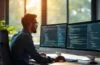Eine sonnendurchflutete, moderne Büroumgebung, in der ein aufmerksamer IT-Experte konzentriert vor mehreren Bildschirmen sitzt, die komplexe Codezeilen und Systemdaten zeigen, während sanftes Tageslicht durch große Fenster fällt und eine Atmosphäre von Zuversicht und professioneller Sorgfalt vermittelt.