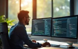 Eine sonnendurchflutete, moderne Büroumgebung, in der ein aufmerksamer IT-Experte konzentriert vor mehreren Bildschirmen sitzt, die komplexe Codezeilen und Systemdaten zeigen, während sanftes Tageslicht durch große Fenster fällt und eine Atmosphäre von Zuversicht und professioneller Sorgfalt vermittelt.