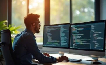 Eine sonnendurchflutete, moderne Büroumgebung, in der ein aufmerksamer IT-Experte konzentriert vor mehreren Bildschirmen sitzt, die komplexe Codezeilen und Systemdaten zeigen, während sanftes Tageslicht durch große Fenster fällt und eine Atmosphäre von Zuversicht und professioneller Sorgfalt vermittelt.