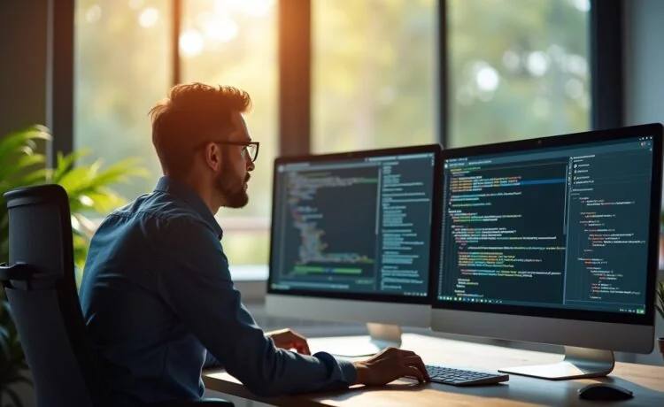 Eine sonnendurchflutete, moderne Büroumgebung, in der ein aufmerksamer IT-Experte konzentriert vor mehreren Bildschirmen sitzt, die komplexe Codezeilen und Systemdaten zeigen, während sanftes Tageslicht durch große Fenster fällt und eine Atmosphäre von Zuversicht und professioneller Sorgfalt vermittelt.