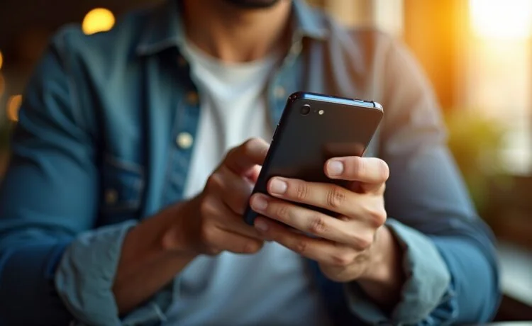 Ein warm beleuchtetes, klares Close-up eines konzentrierten Android-Nutzers, der sorgsam die Berechtigungen einer Banking-App auf seinem Smartphone überprüft, umgeben von einem hellen, modernen Arbeitsumfeld voller natürlichem Tageslicht und subtilen technischen Details, die Sicherheit und Achtsamkeit ausstrahlen.