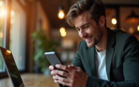 Eine helle, naturbelichtete Szene eines konzentriert blickenden jungen Menschen, der sorgsam auf seinem Android-Smartphone eine Banking-App prüft, umgeben von warmem Tageslicht und subtilen Details moderner Technik in einem freundlichen, einladenden Arbeitsumfeld.