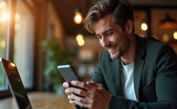 Eine helle, naturbelichtete Szene eines konzentriert blickenden jungen Menschen, der sorgsam auf seinem Android-Smartphone eine Banking-App prüft, umgeben von warmem Tageslicht und subtilen Details moderner Technik in einem freundlichen, einladenden Arbeitsumfeld.