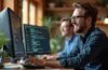 Ein hell erleuchtetes, modernes Entwicklerbüro mit einem lächelnden Programmierer mittleren Alters, der konzentriert vor einem großen Bildschirm mit klar strukturiertem Code sitzt, umgeben von freundlicher Tageslichtatmosphäre und warmen Holztönen, die eine Stimmung von Wachstum, Klarheit und fortschreitender Reife vermitteln.