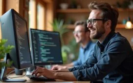Ein hell erleuchtetes, modernes Entwicklerbüro mit einem lächelnden Programmierer mittleren Alters, der konzentriert vor einem großen Bildschirm mit klar strukturiertem Code sitzt, umgeben von freundlicher Tageslichtatmosphäre und warmen Holztönen, die eine Stimmung von Wachstum, Klarheit und fortschreitender Reife vermitteln.