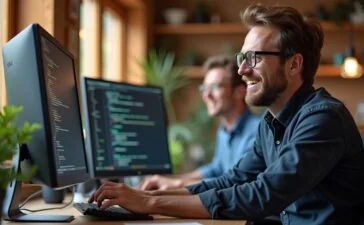 Ein hell erleuchtetes, modernes Entwicklerbüro mit einem lächelnden Programmierer mittleren Alters, der konzentriert vor einem großen Bildschirm mit klar strukturiertem Code sitzt, umgeben von freundlicher Tageslichtatmosphäre und warmen Holztönen, die eine Stimmung von Wachstum, Klarheit und fortschreitender Reife vermitteln.