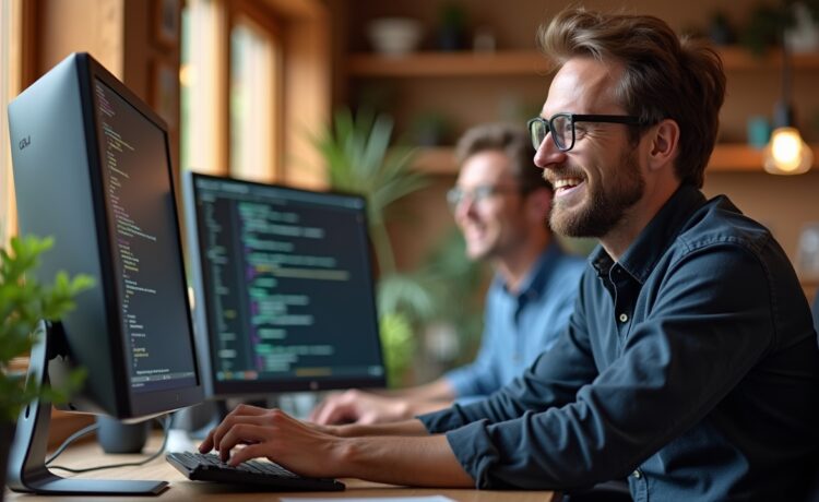 Ein hell erleuchtetes, modernes Entwicklerbüro mit einem lächelnden Programmierer mittleren Alters, der konzentriert vor einem großen Bildschirm mit klar strukturiertem Code sitzt, umgeben von freundlicher Tageslichtatmosphäre und warmen Holztönen, die eine Stimmung von Wachstum, Klarheit und fortschreitender Reife vermitteln.