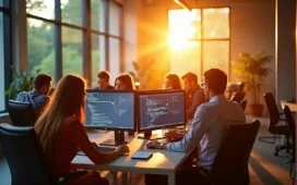 Ein hell erleuchteter, moderner Büroarbeitsplatz im Sommerlicht, an dem konzentrierte IT-Sicherheitsprofis gemeinsam an Bildschirmen mit Netzwerkdiagrammen und Code arbeiten, während warme Sonnenstrahlen durch große Fenster fallen und eine Atmosphäre von Verantwortung, Teamgeist und digitaler Sorgfalt schaffen.