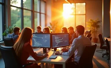 Ein hell erleuchteter, moderner Büroarbeitsplatz im Sommerlicht, an dem konzentrierte IT-Sicherheitsprofis gemeinsam an Bildschirmen mit Netzwerkdiagrammen und Code arbeiten, während warme Sonnenstrahlen durch große Fenster fallen und eine Atmosphäre von Verantwortung, Teamgeist und digitaler Sorgfalt schaffen.