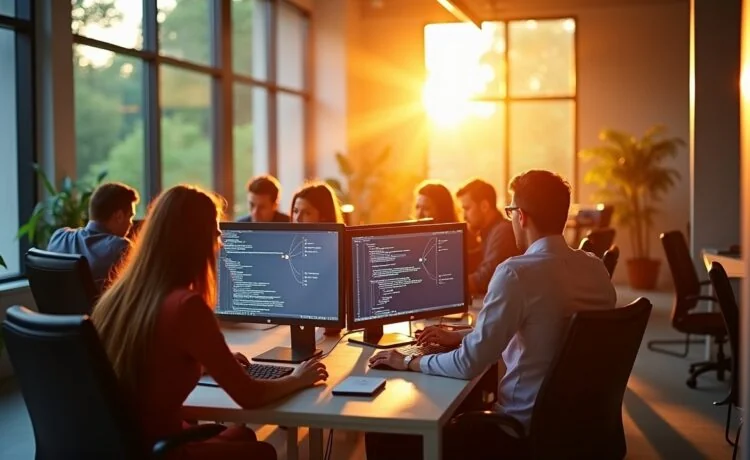 Ein hell erleuchteter, moderner Büroarbeitsplatz im Sommerlicht, an dem konzentrierte IT-Sicherheitsprofis gemeinsam an Bildschirmen mit Netzwerkdiagrammen und Code arbeiten, während warme Sonnenstrahlen durch große Fenster fallen und eine Atmosphäre von Verantwortung, Teamgeist und digitaler Sorgfalt schaffen.