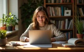 Eine helle, freundliche Aufnahme eines nachdenklichen Jugendlichen an einem sonnendurchfluteten Schreibtisch mit einem Laptop, umgeben von Büchern und Pflanzen, die Wärme und Achtsamkeit ausstrahlt und die sensible Debatte um Altersgrenzen bei der KI-Nutzung subtil widerspiegelt.