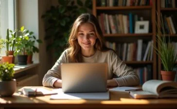 Eine helle, freundliche Aufnahme eines nachdenklichen Jugendlichen an einem sonnendurchfluteten Schreibtisch mit einem Laptop, umgeben von Büchern und Pflanzen, die Wärme und Achtsamkeit ausstrahlt und die sensible Debatte um Altersgrenzen bei der KI-Nutzung subtil widerspiegelt.