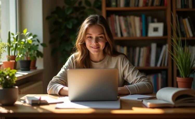 Eine helle, freundliche Aufnahme eines nachdenklichen Jugendlichen an einem sonnendurchfluteten Schreibtisch mit einem Laptop, umgeben von Büchern und Pflanzen, die Wärme und Achtsamkeit ausstrahlt und die sensible Debatte um Altersgrenzen bei der KI-Nutzung subtil widerspiegelt.