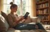Ein strahlend helles, modernes Wohnzimmer im warmen Tageslicht, in dem entspannt eine junge Frau auf dem Sofa mit einem Kindle-Reader sitzt, umgeben von einem leicht chaotischen, aber gemütlichen Bücherstapel und einem geöffneten Laptop, der Offenheit und digitale Vernetzung symbolisiert.