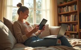 Ein strahlend helles, modernes Wohnzimmer im warmen Tageslicht, in dem entspannt eine junge Frau auf dem Sofa mit einem Kindle-Reader sitzt, umgeben von einem leicht chaotischen, aber gemütlichen Bücherstapel und einem geöffneten Laptop, der Offenheit und digitale Vernetzung symbolisiert.