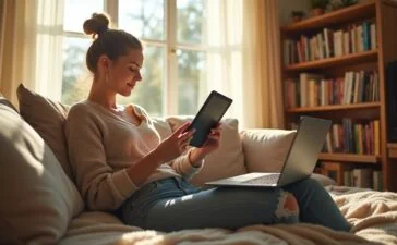 Ein strahlend helles, modernes Wohnzimmer im warmen Tageslicht, in dem entspannt eine junge Frau auf dem Sofa mit einem Kindle-Reader sitzt, umgeben von einem leicht chaotischen, aber gemütlichen Bücherstapel und einem geöffneten Laptop, der Offenheit und digitale Vernetzung symbolisiert.