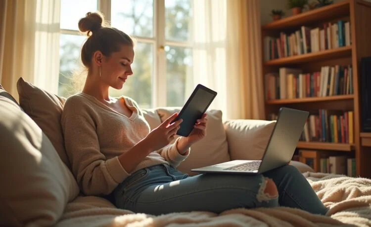 Ein strahlend helles, modernes Wohnzimmer im warmen Tageslicht, in dem entspannt eine junge Frau auf dem Sofa mit einem Kindle-Reader sitzt, umgeben von einem leicht chaotischen, aber gemütlichen Bücherstapel und einem geöffneten Laptop, der Offenheit und digitale Vernetzung symbolisiert.