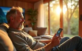 Ein sonnendurchflutetes modernes Wohnzimmer mit entspanntem Nutzer, der lächelnd ein strahlendes Android-Smartphone in der Hand hält, während im Hintergrund warme Holz- und Grüntöne eine freundliche Atmosphäre schaffen und die neuen interaktiven Widgets auf dem klar sichtbaren Sperrbildschirm lebendig wirken.