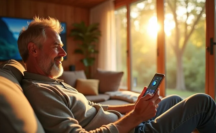Ein sonnendurchflutetes modernes Wohnzimmer mit entspanntem Nutzer, der lächelnd ein strahlendes Android-Smartphone in der Hand hält, während im Hintergrund warme Holz- und Grüntöne eine freundliche Atmosphäre schaffen und die neuen interaktiven Widgets auf dem klar sichtbaren Sperrbildschirm lebendig wirken.